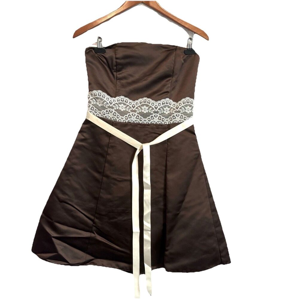 Jessica McClintock Gunne Sax 7 8 Dress Strapless Brown Satin Lace Formal